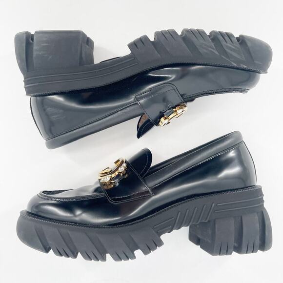 Gucci Black Glossy Leather Romance Interlocking GG Crystal Lug Sole Loafer EU 39 - Picture 4 of 16